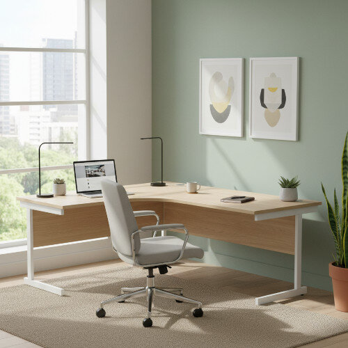 Core Left Hand Corner Office Desk - W1800xD1200xH730mm - Canadian Oak - Single Cantilever White Frame