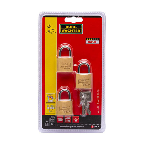 Burg Wachter  Trio 222 30 SB Brass Standard Padlock 30mm Standard Shackle Keyed Alike Pack of 3