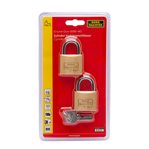 Burg Wachter  Duo 222 40 SB Brass Standard Padlock 2 x 40mm Standard Shackle Keyed Alike Pack of 2