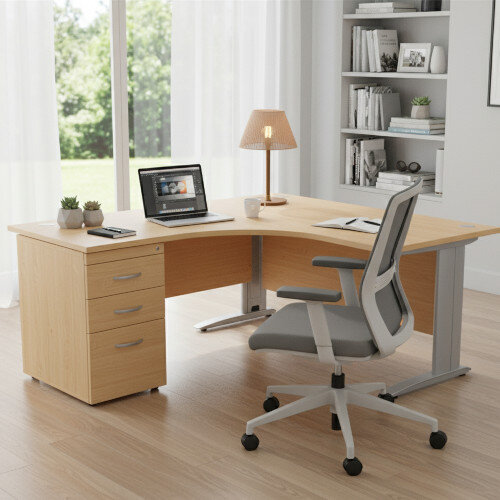 Radial Office Desk Left Hand With Silver Cable Managed Leg With 600mm Desk-High Pedestal W1600xD1600xH725mm Beech Komo