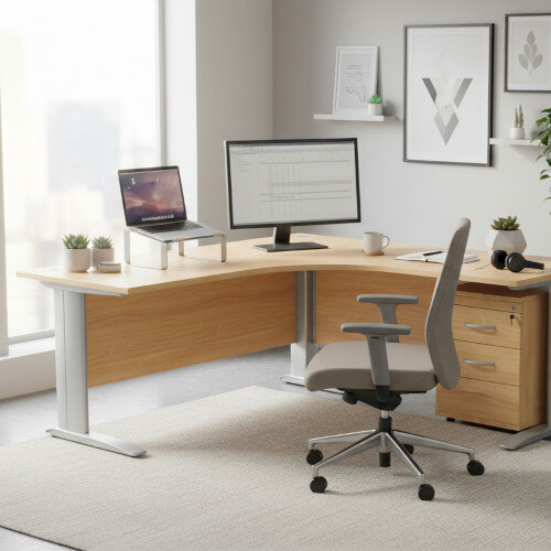 Radial Right Hand Corner Office Desk - W1600xD1200xH725mm - Beech - Silver Cable Managed Leg with 600mm Desk High Pedestal