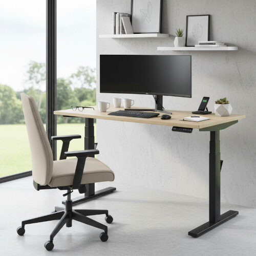 LEAP Electric Dual Motor Height Adjustable Rectangular Sit Stand Desk Dual Purpose Reversible Scallop Top W1200xD700xH620-1270mm Urban Oak Top Black Frame 10 Year Warranty