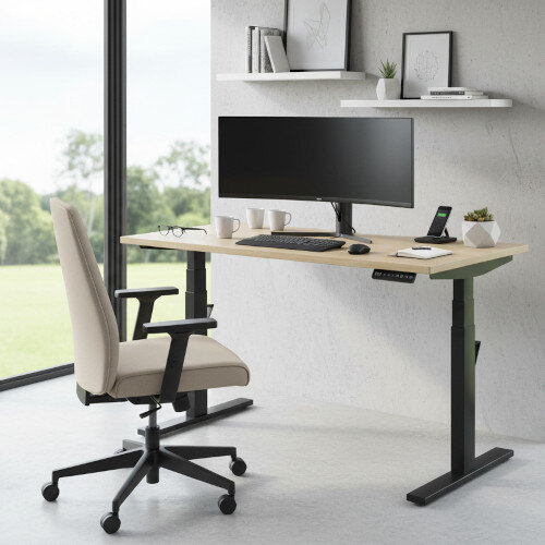 LEAP Electric Dual Motor Height Adjustable Rectangular Sit Stand Desk Dual Purpose Reversible Scallop Top W1200xD800xH620-1270mm Urban Oak Top Black Frame 10 Year Warranty