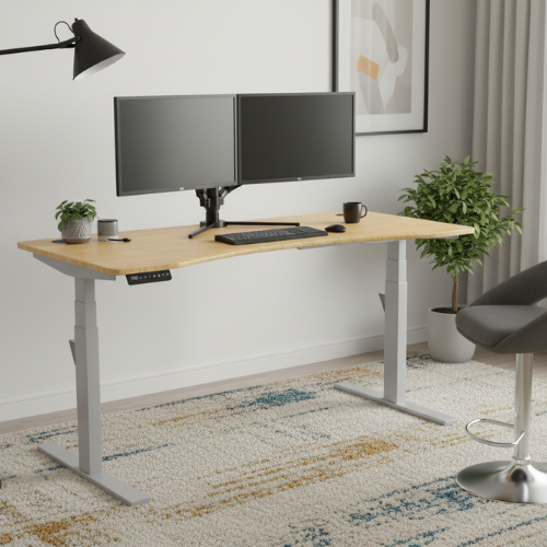 Leap Electric Height Adjustable Curved Sit Stand Desk Portal Top W1400xD700xH615-1265mm Natural Light Bamboo Top Silver Frame 10 Year Warranty