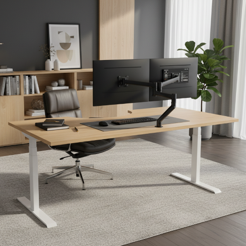 LEAP Electric Dual Motor Height Adjustable Radial Left Hand Sit Stand Desk Portal Top W1600xD1200/800xH620-1270mm Beech Top White Frame 10 Year Warranty