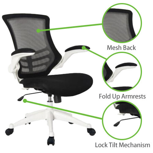Deluxe Executive High Back Mesh Office Chair - Fold-Up Armrests - Tilt Back - Adjustable Padded Seat - White Frame - Ergonomic Comfort for Workspaces