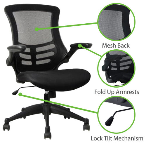 Deluxe Executive High Back Mesh Office Chair - Fold-Up Armrests - Tilt Back - Adjustable Padded Seat - Black - Ergonomic Comfort for Workspaces