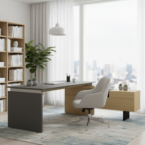 MOVE&LEAD Height Adjustable Executive Desks W1800xD850xH735-1300mm Grey With Oak Veneer Finish Matching Right Pedestal