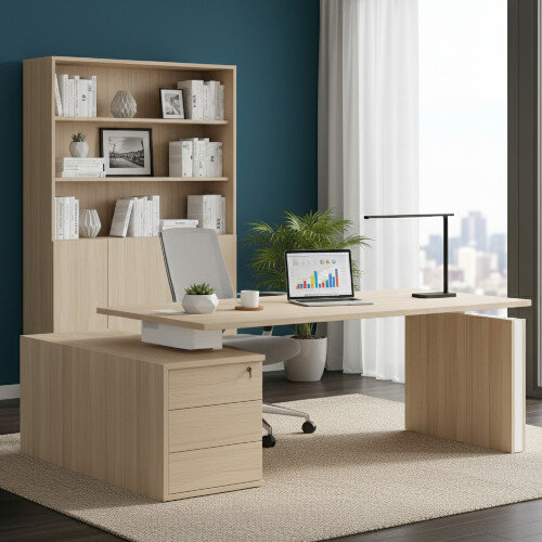 Motion Height Adjustable Executive Desk - Amber Oak, 2000x1800mm with White Panel Leg Insert & Right Side Pedestal Doors - Electric Height Adjustable