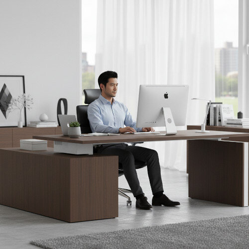 Motion Height Adjustable Executive Desk W2000xD1800xH720-1200mm Dark Walnut with White Panel Leg Insert & Right Side Pedestal Doors