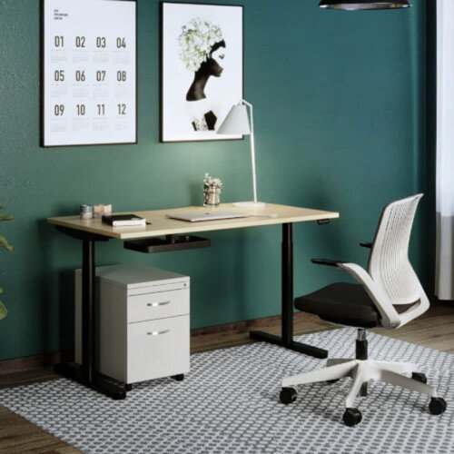 RoundE Electric Dual Motor Height Adjustable Rectangular Sit Stand Desk Portal Top W1200xD700xH645-1145mm Natural Light Bamboo Top Black Frame 10 Year Warranty