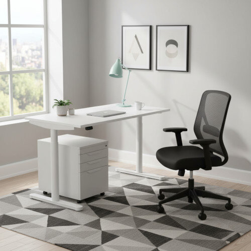 RoundE Electric Dual Motor Height Adjustable Rectangular Home Office Sit Stand Desk Dual Purpose Scallop Top W1400xD800xH650-1150mm White Top White Frame 10 Year Warranty