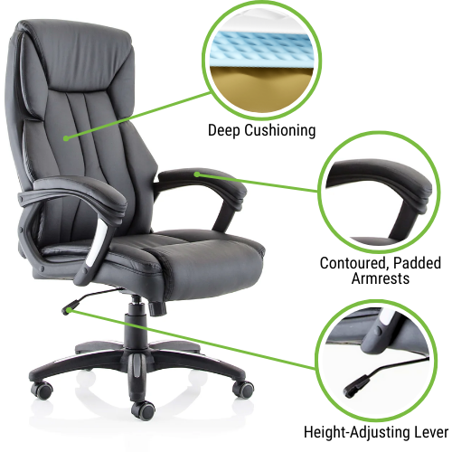 Stratford High Back Executive Leather-Look Office Chair - Black - Adjustable - Ergonomic (120kg Capacity)
