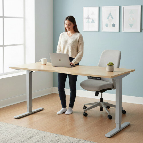 Zoom Electric Dual Motor Height Adjustable Sit Stand Office Desk Dual Purpose Reversible Scallop Top W1200xD700xH685-1185mm Urban Oak Top Silver Frame 10 Year Warranty