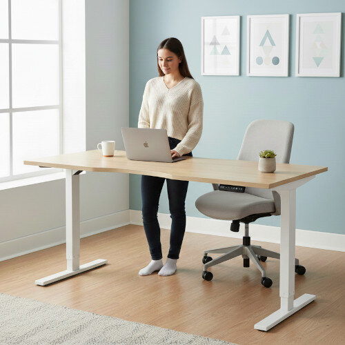 Zoom Electric Dual Motor Height Adjustable Sit Stand Office Desk Dual Purpose Reversible Scallop Top W1200xD700xH685-1185mm Urban oak Top White Frame 10 Year Warranty