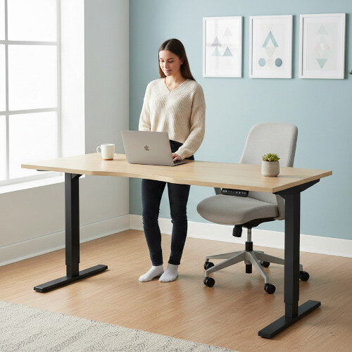 Zoom Electric Dual Motor Height Adjustable Sit Stand Office Desk Dual Purpose Reversible Scallop Top W1600xD800xH685-1185mm Urban Oak Top Black Frame 10 Year Warranty
