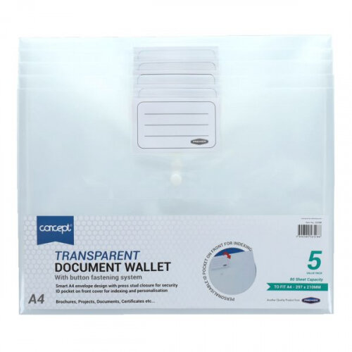 Concept Pack of 5 A4 Button Document Wallets - Clear - Safe Document Storage