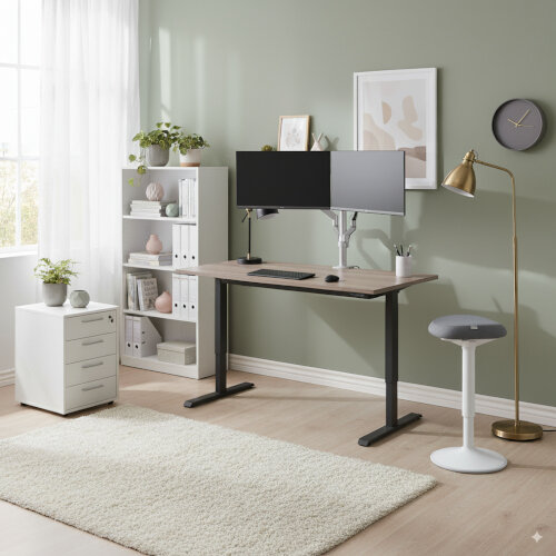 Electro Elevate Electric Single Motor Height Adjustable Sit Stand Office Desk W1400xD800 Grey Oak Top Black Frame 5 Year Warranty