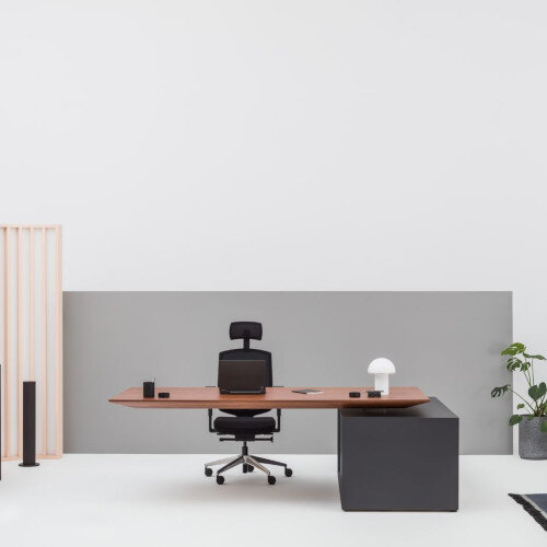 Gravity Electric Height Adjustable Sit Stand Executive Desk with Left Storage Unit W2400xD1600XH760-1160mm american walnut desktop graphite body and anthracite frame