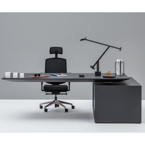 Gravity Electric Height Adjustable Sit Stand Executive Desk with Left Storage Unit W2400xD1600XH760-1160mm graphite desktop graphite body and frame