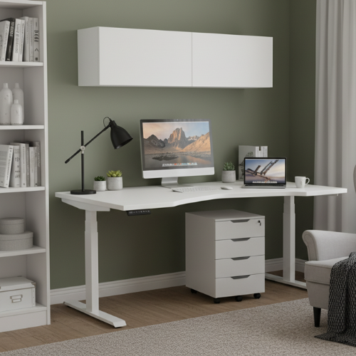 LEAP Electric Dual Motor Height Adjustable Ergonomic Shaped Left Hand K Top Sit Stand Desk W1600xD1000xH620-1270mm White Top White Frame 10 Year Warranty