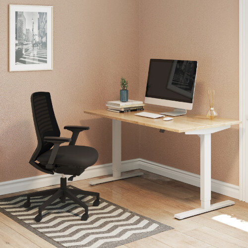 Zoom Electric Dual Motor Height Adjustable Curved Sit Stand Desk Portal Top W1400xD700xH680-1180mm Natural Light Bamboo Top Black Frame 10 Year Warranty