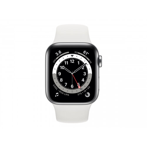 Apple Watch Series 6 (GPS + Cellular) - 40 mm - silver stainless steel -  smart watch with sport band - fluoroelastomer - white - band size 130-200  mm - S/M/L - 32 GB - Wi-Fi, Bluetooth - 4G - 39.7 g - Hunt Office Ireland