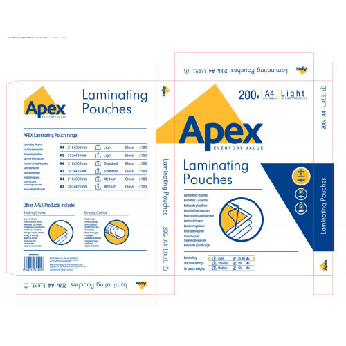 Fellowes Apex Laminating Pouch A4 Light Duty Pack of 200 Hunt Office