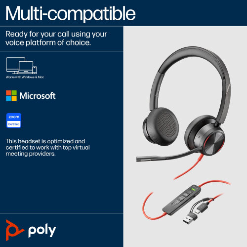 POLY Blackwire 8225 Stereo USB-C Headset +USB-C/A Adapter Hunt