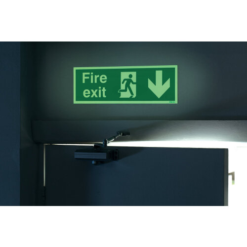 Seco Fire Exit - Cartello con pittogramma Man Running Right & Arrow Pointing Down & Right, 300 mm x 150 mm, 1 mm, in plastica semi rigida