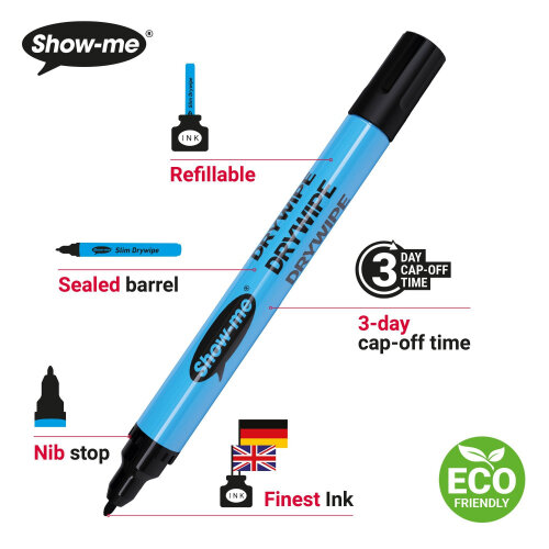 Showme Drywipe Pen Slim Barrel Fine Tip Pen Assorted Pack of 10