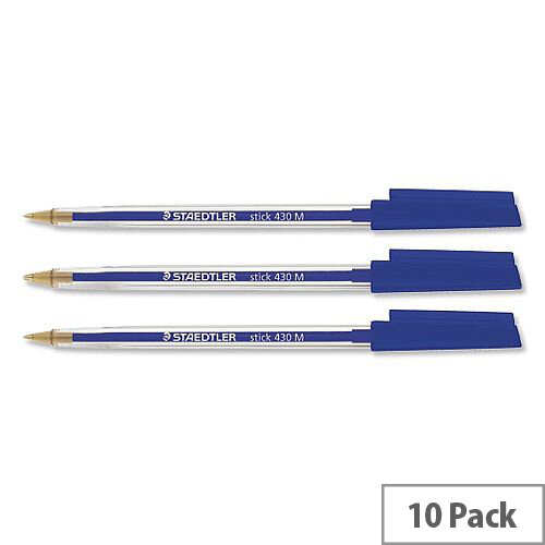 Staedtler Stick 430 - Lot De 10 Stylos à Bille Fine 0.3mm - Encre Bleue - Ecriture Fluide, Corps Transparent - Marque Allemande