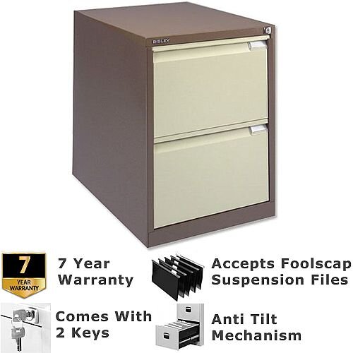 2 Drawer Steel Filing Cabinet Flush Front Brown & Cream Bisley BS2E