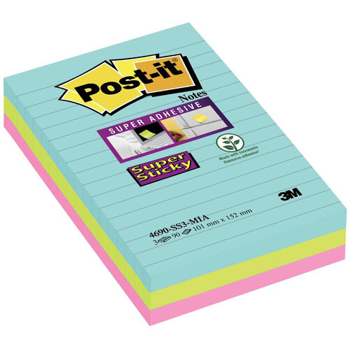 Post-it Super Sticky 101 x 152mm Meeting Notes Ruled Assorted Colours  3 x 90 Sheets - Aquawave/Neon Green/Neon Pink