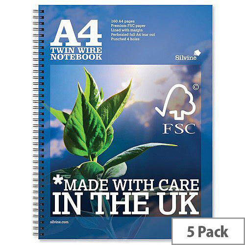 Silvine A4 Wirebound Notebook Perforated Punched Ruled Margin 160pp R202 Pack 5 Silvine A4 Wirebound Notebook Perforated Punched Ruled Margin 160pp R202 Pack 5