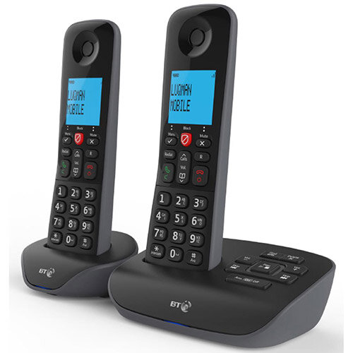 BT Essential Cordless Telephone Backlit Display Speaker Answering Machine Nuisance Call-blocking Black Twin-Pack