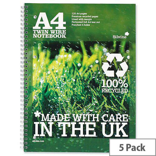 Silvine Premium A4 Notebook Recycled Punched Ruled 120 Pages Pack 5 Silvine Premium A4 Notebook Recycled Punched Ruled 120 Pages Pack 5