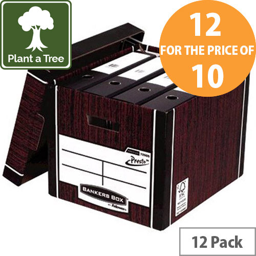 Bankers Box by Fellowes Premium PRESTO Tall Stackable Storage Box Woodgrain with Lift off Lid Pack of 12 for the Price of 10