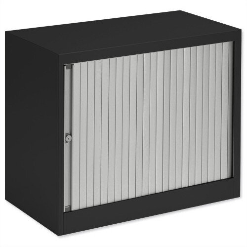 Bisley Desk High Tambour Door Cupboard W800mm Black Frame &Silver Shutters Bisley Desk High Tambour Door Cupboard W800mm Black Frame &Silver Shutters