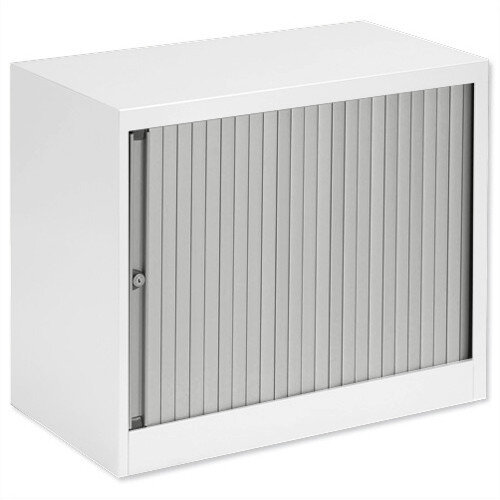 Bisley Desk High Tambour Door Cupboard W800mm White Frame &Silver Shutters Bisley Desk High Tambour Door Cupboard W800mm White Frame &Silver Shutters