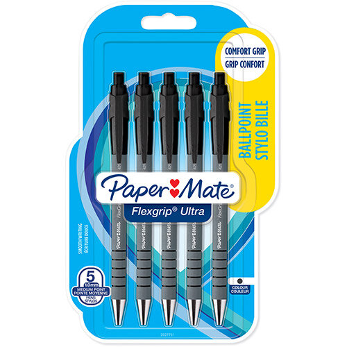 Paper Mate Flexgrip Ultra Retractable Ballpoint Pen Medium Point 1.0mm Black Ref 2027751 Pack of 5