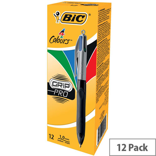 Bic 4 Colour Grip Pro Ballpoint Pen Blue Black Red Green Pack 12