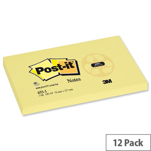 Post-it Recycled Notes 76x127mm Canary Yellow Pad of 100 Pack 12 Post-it Recycled Notes 76x127mm Canary Yellow Pad of 100 Pack 12