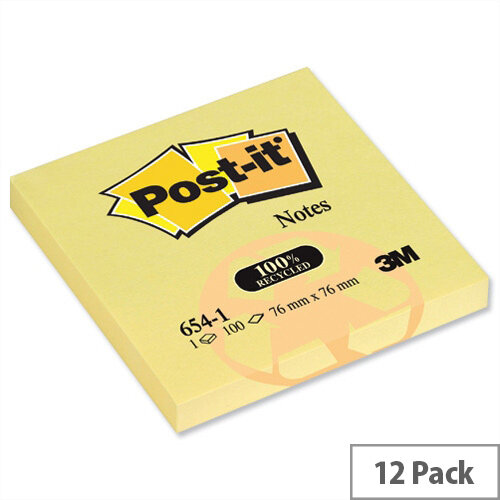 Post-it Recycled Notes 76x76mm Canary Yellow Pad of 100 Pack 12 Post-it Recycled Notes 76x76mm Canary Yellow Pad of 100 Pack 12