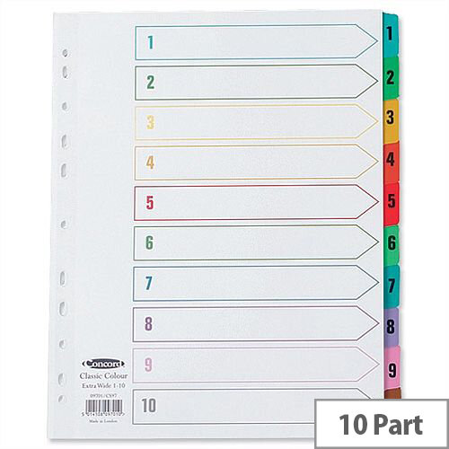 Concord 1-10 Index Extra Wide Europunched Multicolour Tabs A4