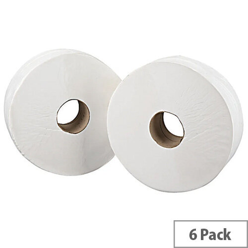 2Work Jumbo 76mm Core Dispenser Toilet Paper Rolls Refills 2-Ply White 92mm x410m Pack of 6 J27410