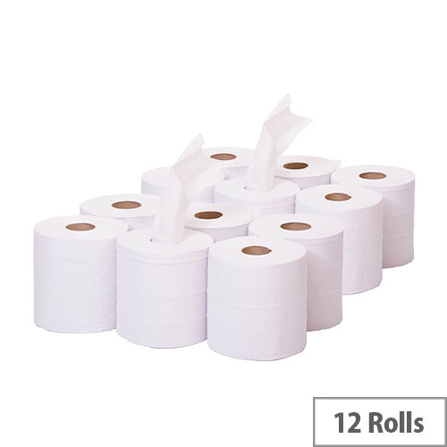 2Work Dispensers Mini Centre Feed Cleaning Paper White Rolls 1-Ply 120m Pack of 12 KF03784 C1W120