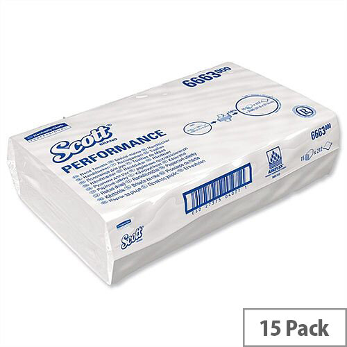 Kimberly Clark Scott Performance 1 Ply Paper White Hand Towels 212 Sheets Pack of 15 (3180 Towels) 6663 Kimberly Clark Scott Performance 1 Ply Paper White Hand Towels 212 Sheets Pack of 15 (3180 Towels) 6663