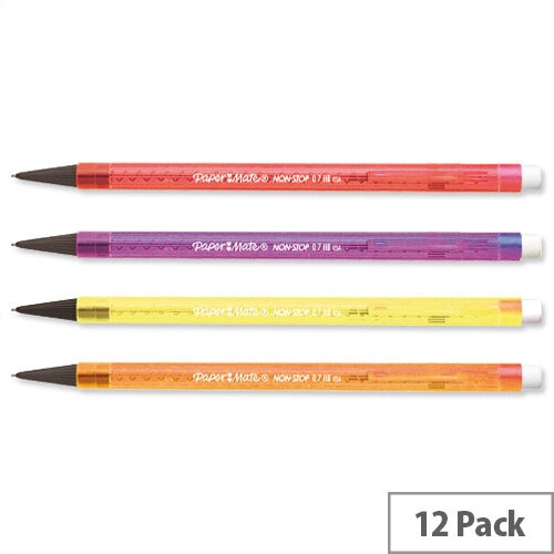 Papermate Non Stop Mechanical Pencil HB Lead Assorted Neon Barrels S0187204 Pack 12 Papermate Non Stop Mechanical Pencil HB Lead Assorted Neon Barrels S0187204 Pack 12