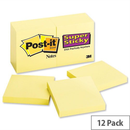 Post-it Super Sticky Removable Notes Pad 90 Sheets 76x76mm Canary Yellow Pack 12